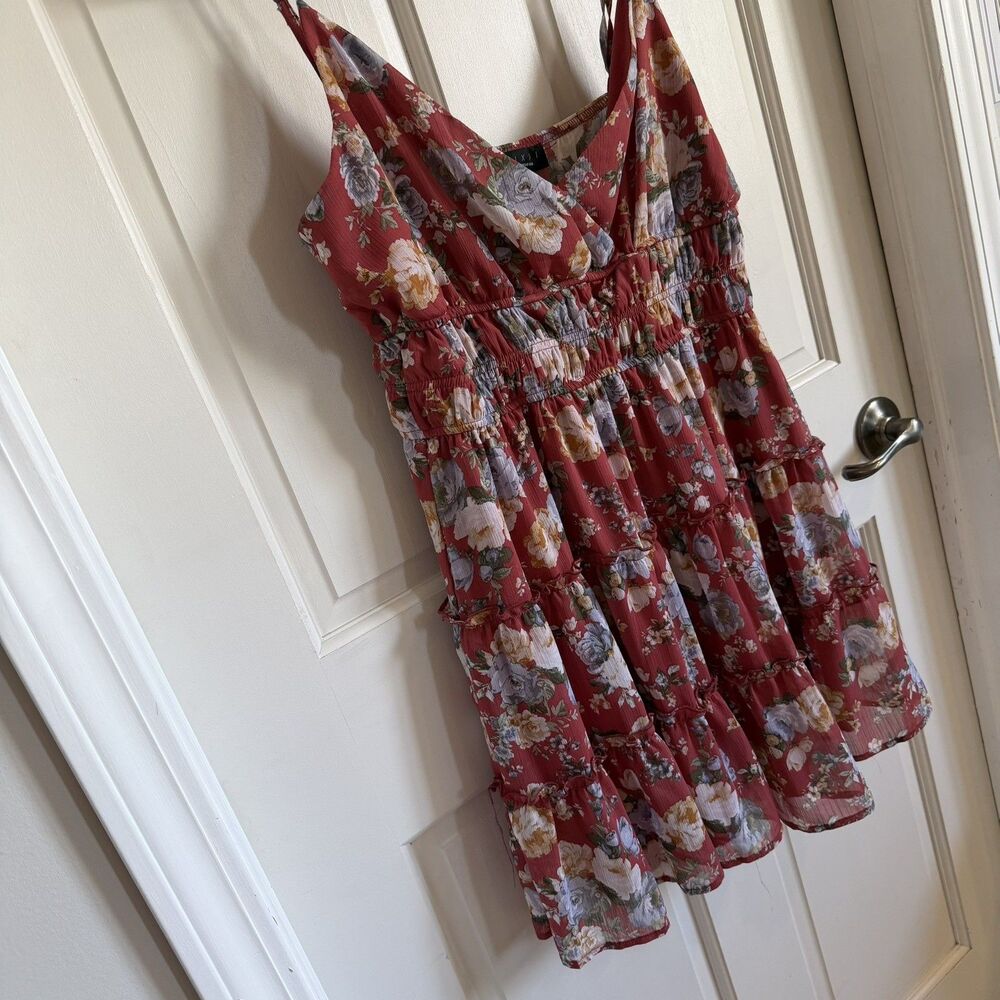 TRIXXI juniors Large Short Dress Mauve Pink Floral Smocked Sheer flirty fairy